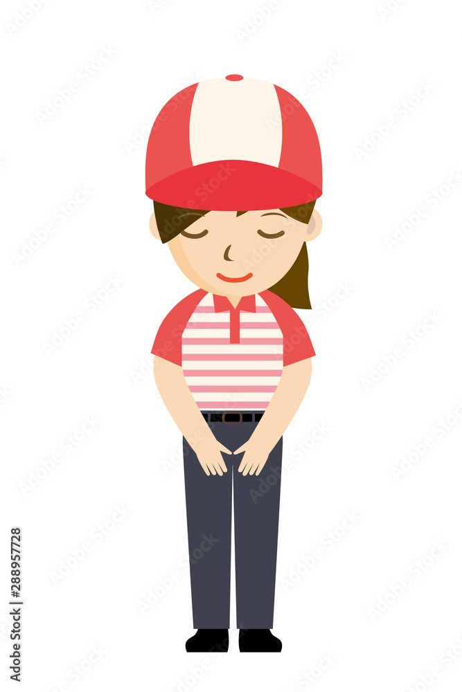 頭を下げる配送員 配達員 ドライバーのイラスト 半袖シャツ ボーダー 女性のキャラクター Stock Vector Adobe Stock