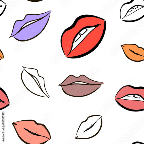 Beauty seamless pattern with colorful lips and kisses. Good for wrapping, paper, fabric, packge.