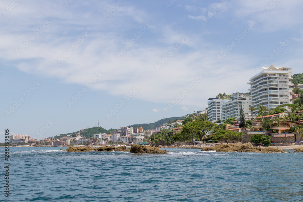 September 21,2019: view of the sea and the center of Puerto Vallarta, malecon Puerto Vallarta, Bay of flags