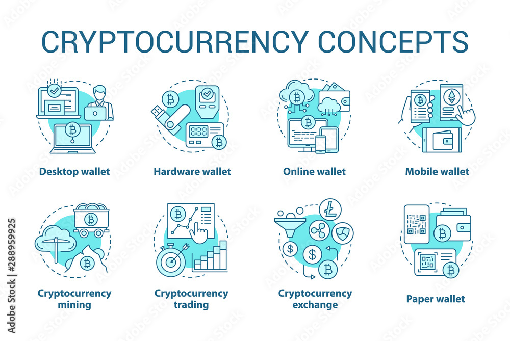 Cryptocurrency concept blue icons set. Digital asset idea thin line illustrations. Online, desktop wallet. Financial transaction. Bitcoin exchange. Vector isolated outline drawings. Editable stroke