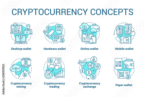 Cryptocurrency concept blue icons set. Digital asset idea thin line illustrations. Online, desktop wallet. Financial transaction. Bitcoin exchange. Vector isolated outline drawings. Editable stroke