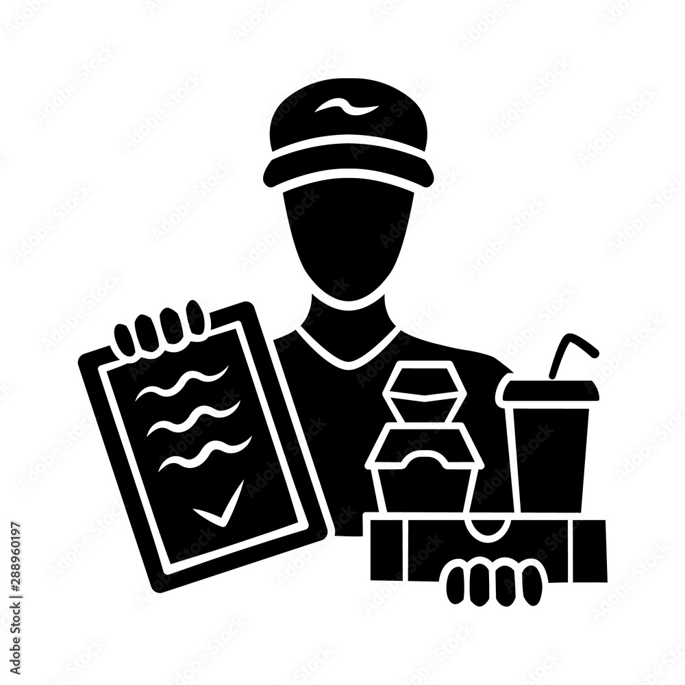 Food delivery glyph icon. Express courier service. Deliveryman holding takeaway fast food and invoice. Restaurant, cafe order delivering. Silhouette symbol. Negative space Vector isolated illustration