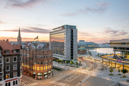 Skyline of Aarhus at night with the Europahuset and the Cathedral