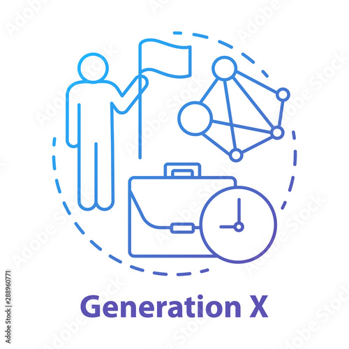 Generation X concept icon. Age group idea thin line illustration. Сareer growth. Personal goals achievement. Job promotion. Leadership skill improvement. Vector isolated outline drawing