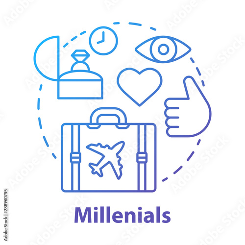 Millennials concept icon. Age group idea thin line illustration. Travelling. Life goals and purposes, plans. Classic lifestyle. Echo boomers. Vector isolated outline drawing
