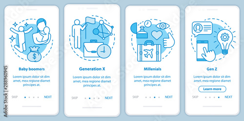 Generation onboarding mobile app page screen with linear concepts. Generation X and millennials. Baby boomers walkthrough steps graphic instructions. UX, UI, GUI vector template with illustrations
