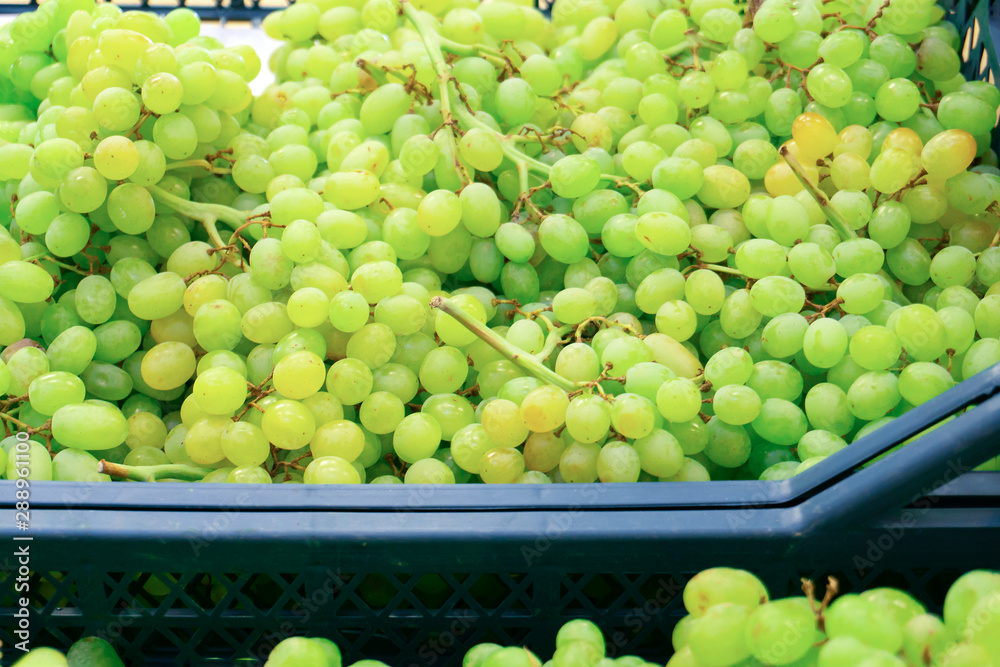 Fragrant and juicy grapes on the counter and in a wooden container in the store.