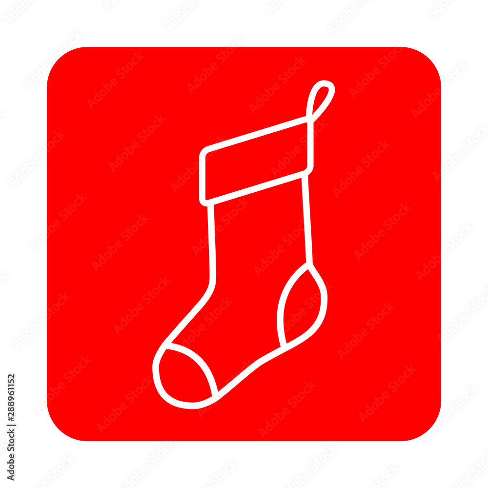 Icono plano lineal calcetín navidad en cuadrado color rojo Icono plano lineal calcetín navidad en cuadrado color rojo