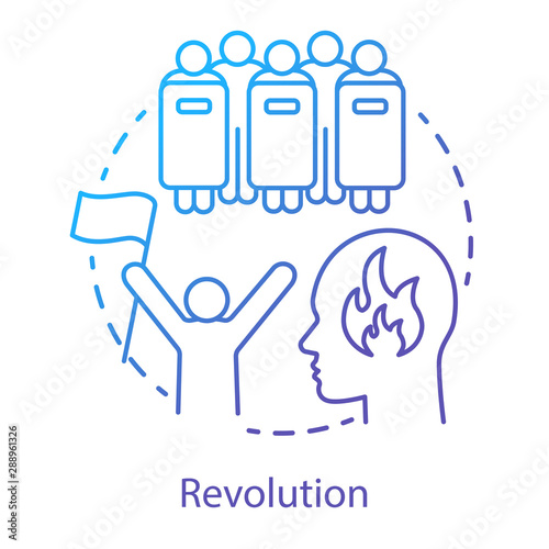 Revolution concept icon. Civil unrest idea thin line illustration. Revolutionary with flag and riot police with shields vector isolated outline drawing. Political uprising, government overthrow