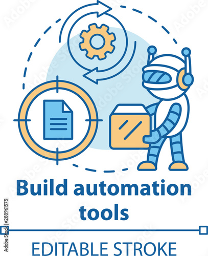 Build automation tools concept icon. Robot helper setup. Information technology. System maintenance. Robotic process idea thin line illustration. Vector isolated outline drawing. Editable stroke