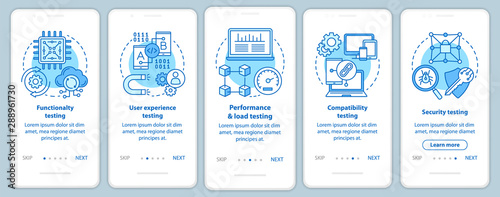 Software testing onboarding mobile app page screen vector template. Computer program development. Walkthrough website steps with linear illustrations. UX, UI, GUI smartphone interface concept