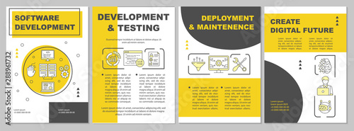 Software development brochure template. Flyer, booklet, leaflet print design, linear illustrations. Testing, maintenance. Vector page layouts for magazines, annual reports, advertising posters