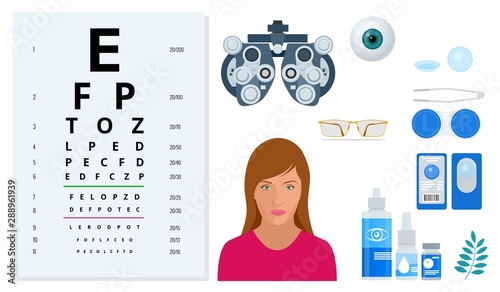Flat set of Ophthalmology and eye care icons. Medical helth equipment. Check eyesight for eyeglasses diopter.