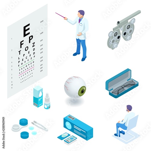 Isometric set of Ophthalmology and eye care icons. Medical helth equipment. Check eyesight for eyeglasses diopter.