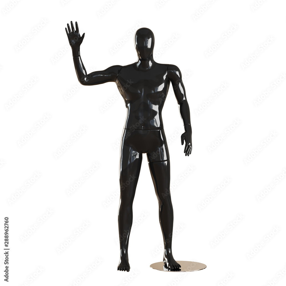 A black faceless guy mannequin stands and shows a gesture of greeting with his right hand. 3D rendering A black faceless guy mannequin stands and shows a gesture of greeting with his right hand. 3D rendering