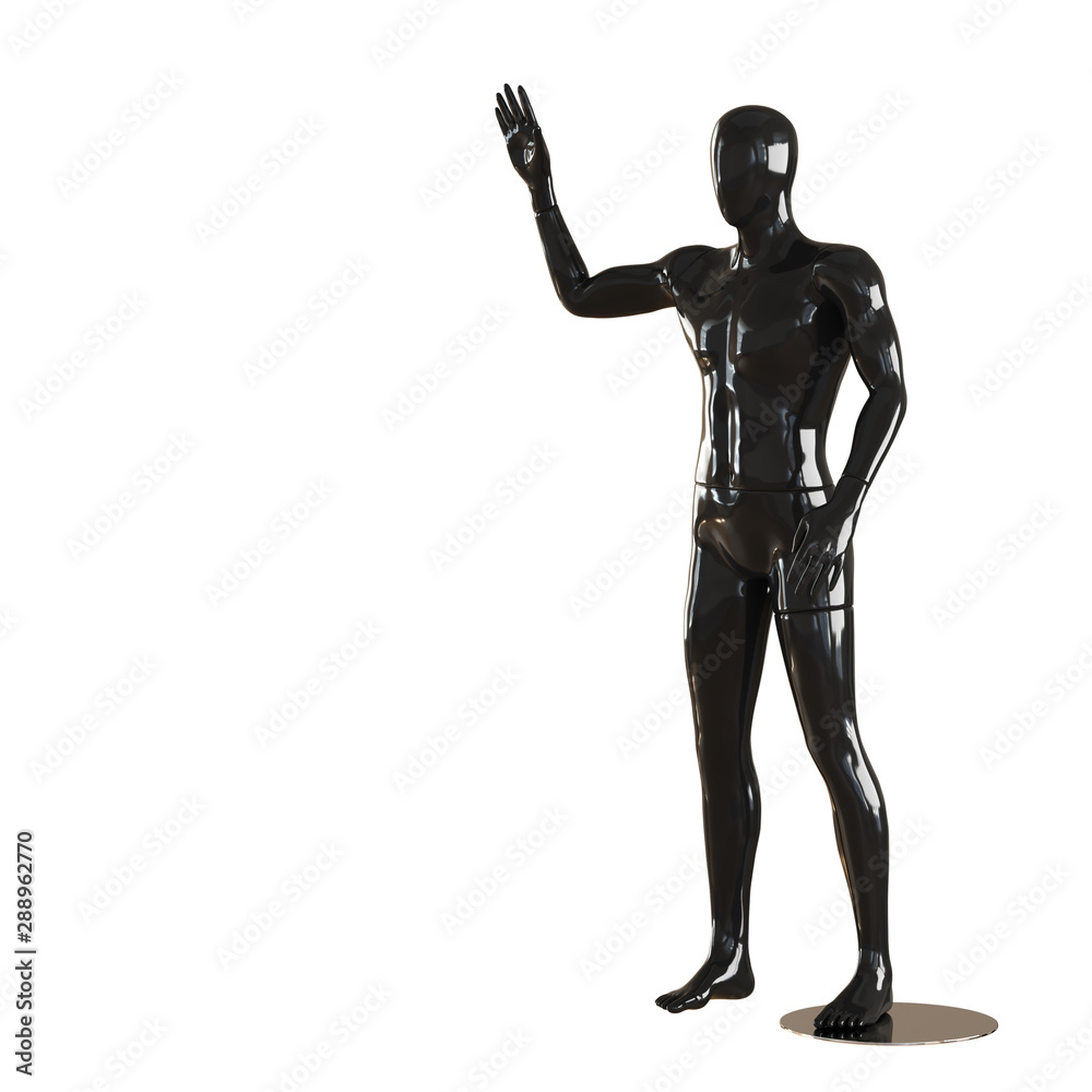 A black faceless guy mannequin stands and shows a gesture of greeting with his right hand. 3D rendering A black faceless guy mannequin stands and shows a gesture of greeting with his right hand. 3D rendering