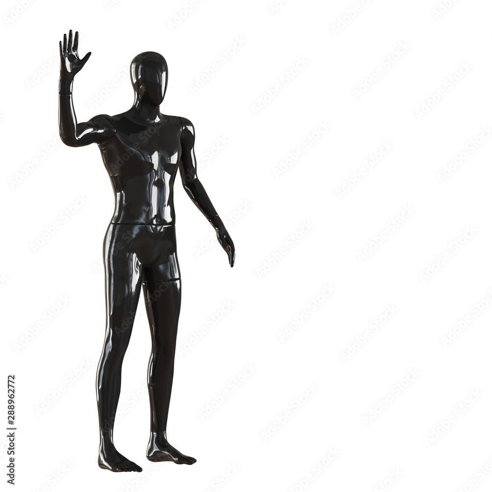 A black faceless guy mannequin stands and shows a gesture of greeting with his right hand. 3D rendering