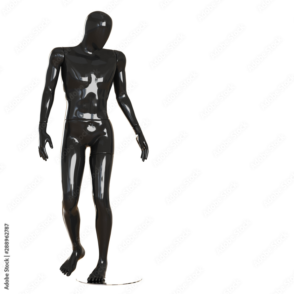 A black faceless guy a mannequin stands and poses. Isolated on a white background. 3D rendering