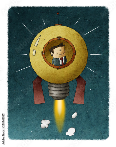 Businessman travels through space inside a rocket shaped like a light bulb. c...
