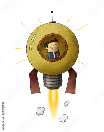 Businessman travels through space inside a rocket shaped like a light bulb. c...