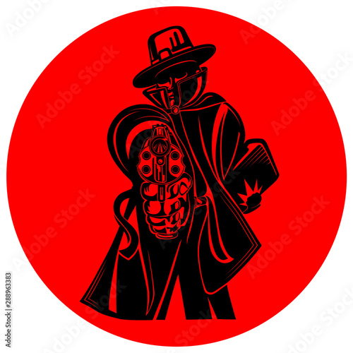 A gangster in a hat and a raincoat with a suitcase holds a revolver in his hand and aims a threatening gesture