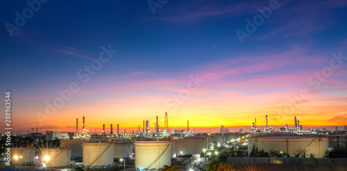 Close-up view Oil and gas industrial refinery zone,Detail of equipment oil pipeline steel with valve from large oil storage tank at twilight -image