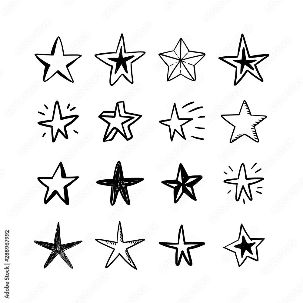 Obraz premium Star doodles set. Hand drawn stars, cartoon collection.