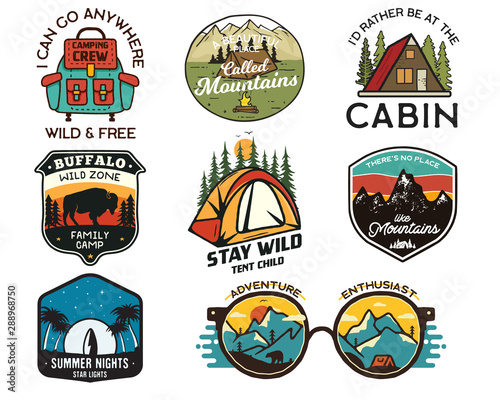 Vintage camp logos, mountain badges set. Hand drawn labels designs. Travel expedition, backpacking, surfing. Outdoor hiking emblems. Logotypes collection. Stock vector isolated on white.