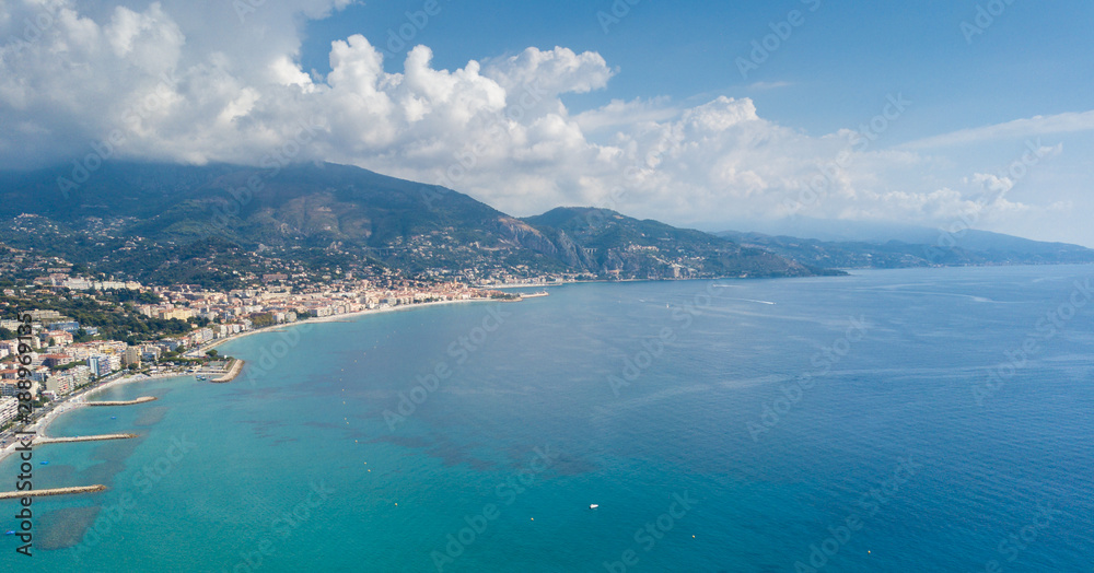 View of Menton with drone from Roquebrune Cap Martin