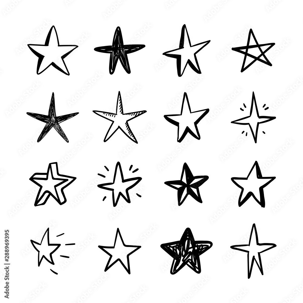 Fototapeta premium Star doodles set. Hand drawn stars, cartoon collection.