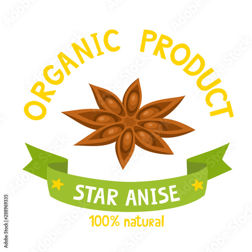Organic badge of star anise with ribbon isolated on white