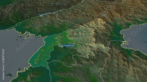 P'yŏngan-namdo - province of North Korea with its capital zoomed on the physical map of the globe. Animation 3D photo