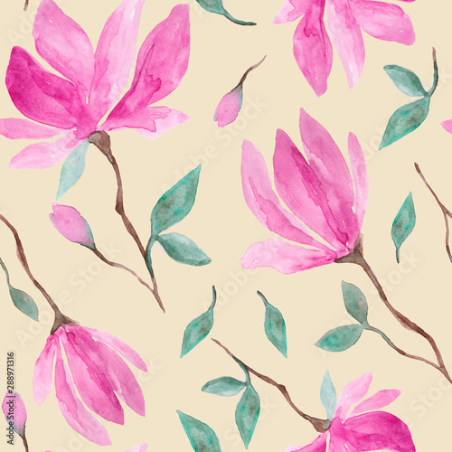 Pink magnolia flowers watercolor painting - hand drawn seamless pattern on yellow