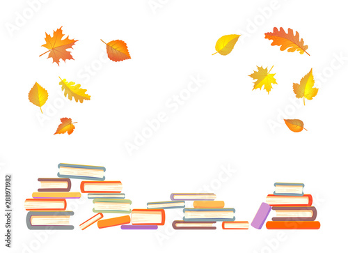 Stack of books framed with falled leaves on a white background. Autumn copyspace concept. Vector illustration in flat design.