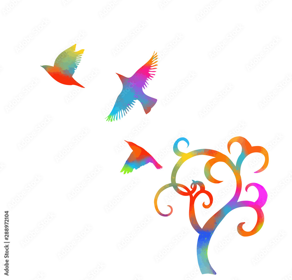 Obraz premium A stylized beautiful multi-colored tree with birds. Vector illustration