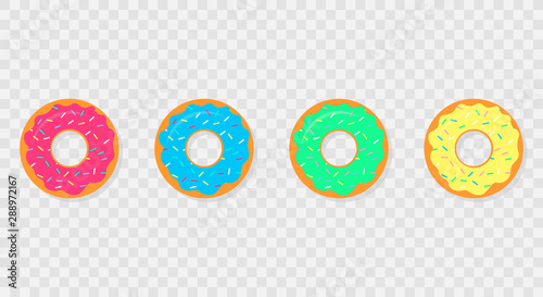 Donuts set isolated on a white background. Cute, colorful and glossy donuts with glaze and powder. Yellow, pink, vanilla, blue and chocolate glaze. Simple modern design. Realistic vector illustration.