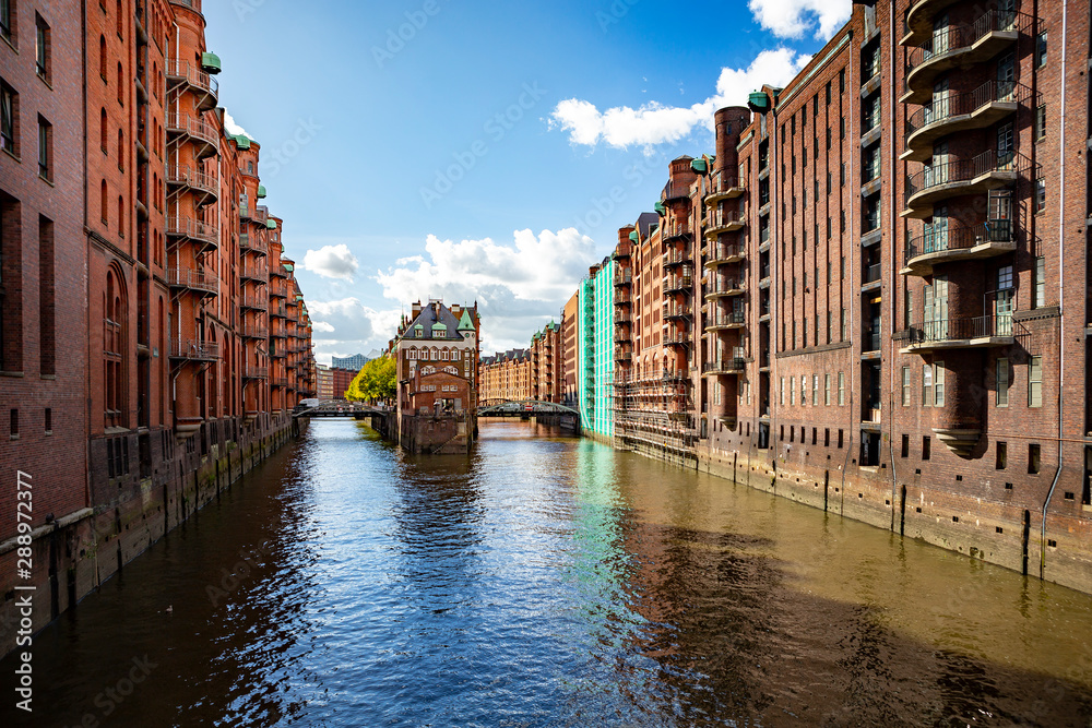 View of the Speicherstadt, also called as Hafen City, in Hamburg, Germany.