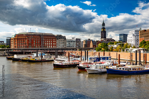 View of Hamburg-mitte and St. Michael's Church across the river Elbe, Germany