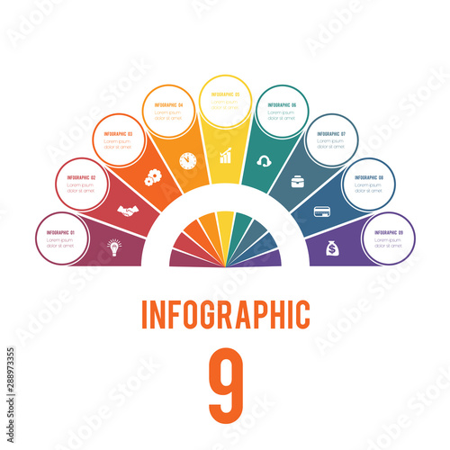 Elements of Infographics Conceptual Cyclic Processes Possible to Use for Workflow, Banner, Diagram, Web design, Timeline, Area chart,Number options. Colorful semicircle and circles for 9 Positions.