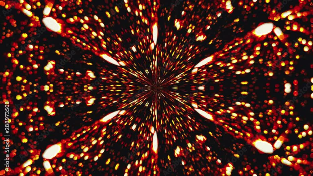 3D rendering radiation from the center of golden flickering particles on a black background, computer generated abstract background