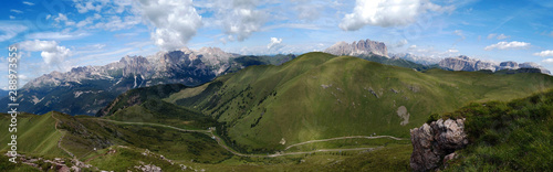 panoramic view of Latemar mountain Sassolungo Sassopiatto and the Sella group, Val di fassa, Trentino, Italy landscape