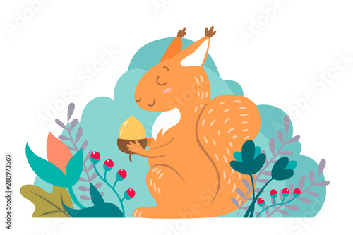 squirrel with the acorn in his paws  among the flowers. Flat style. Vector