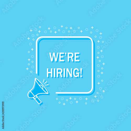 We're hiring badge vector isolated on white. Origami speech bubble with text " We're hiring!" and megaphone icon.