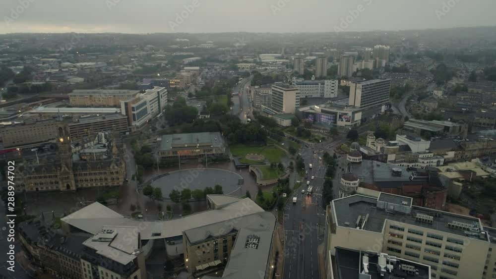 Drone Aerial Rainy Foggy Bradford City Centre Commuters in Morning Drone Aerial Rainy Foggy Bradford City Centre Commuters in Morning
