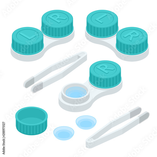 Isometric contact lenses set with tweezers and contact lenses individual plastic case. Opened and closed contact lenses container on white background.