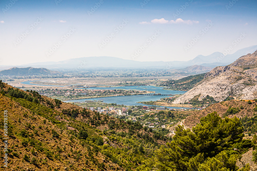 Landscape view on large river Drini, Albania