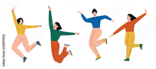 Set of happy woman jumping. People are jumping with excitement or happiness. Flat vector illustration
