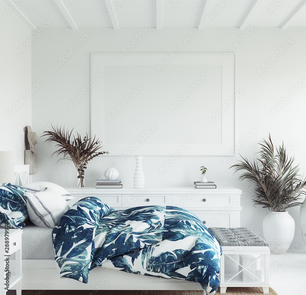 Mock up frame in white cozy tropical bedroom interior, Coastal style, 3d render - obrazy, fototapety, plakaty 