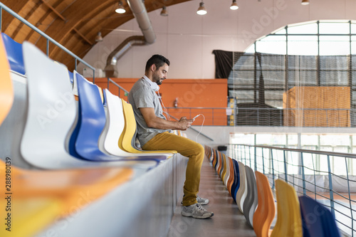 colorful bleachers in a pavilion