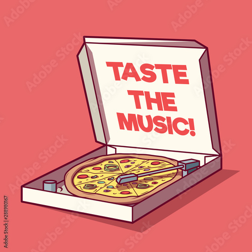 Pizza box as a Turntable vector illustration. Food, Music, branding design concept